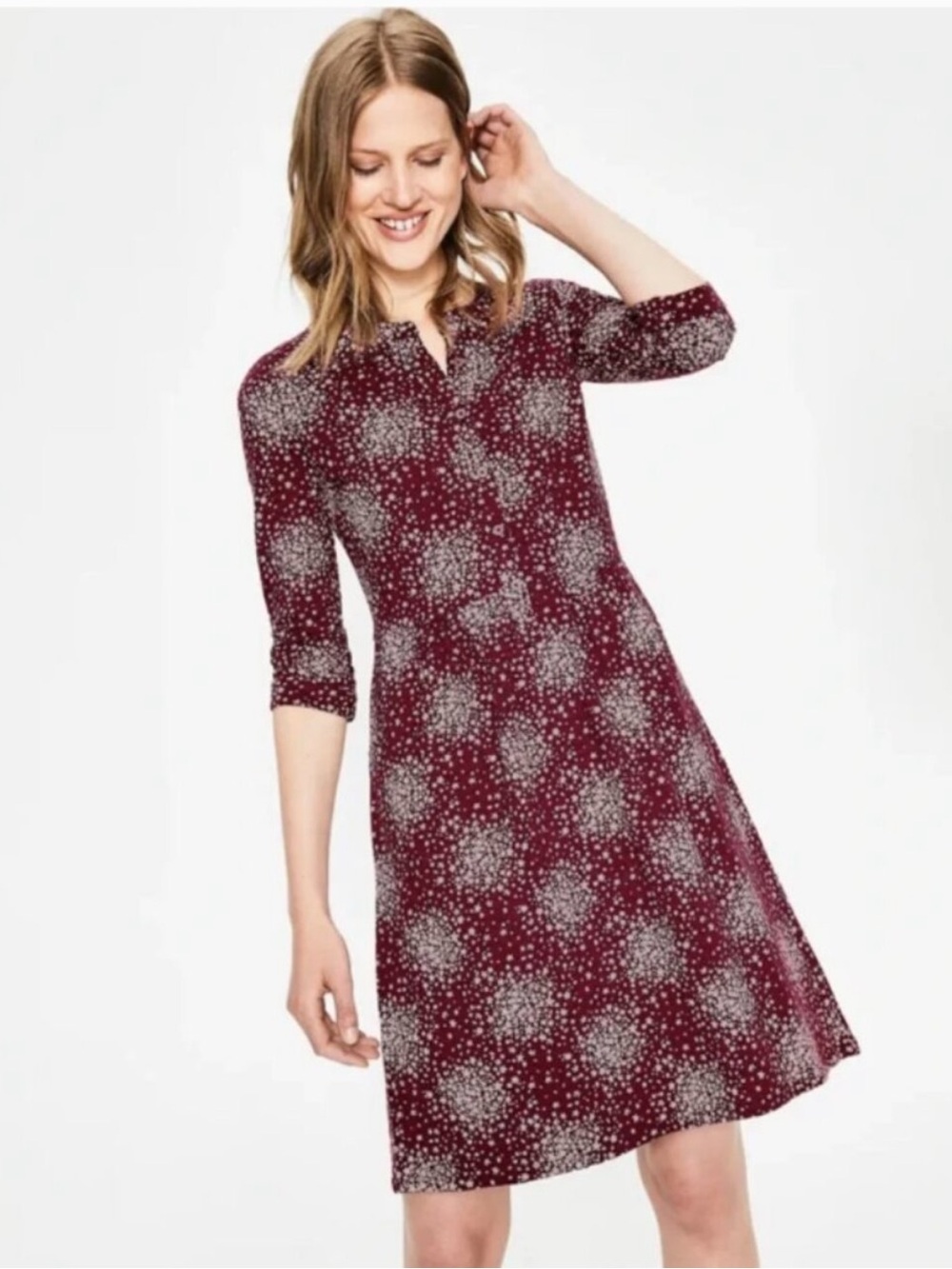 Boden Briar Jersey Dress Size 6 Mulled Wine Burgundy Flower Burst Cotton Ditsy